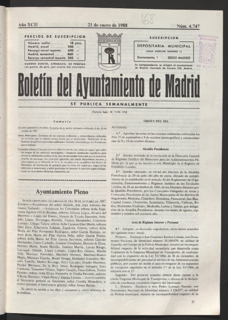 Miniatura de Boletín del Ayuntamiento de Madrid del 21 de enero de 1988