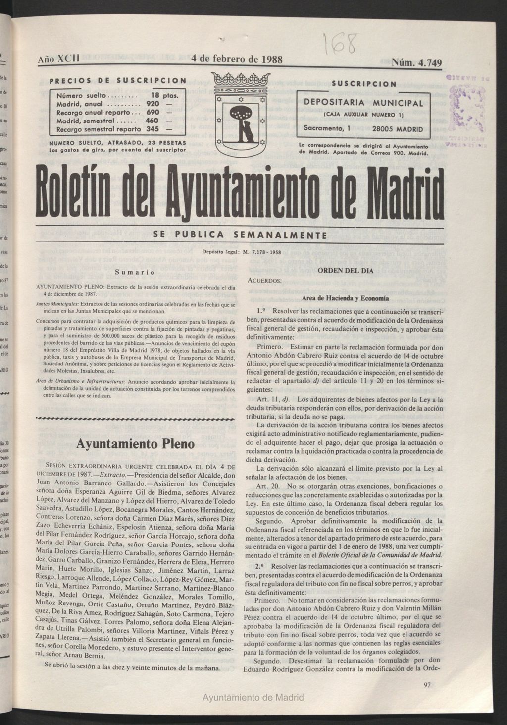 Miniatura de Boletín del Ayuntamiento de Madrid del 4 de febrero de 1988