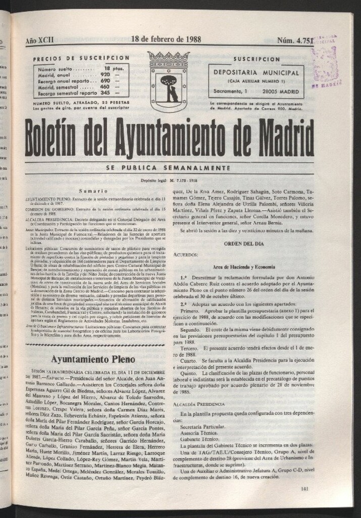 Miniatura de Boletín del Ayuntamiento de Madrid del 18 de febrero de 1988