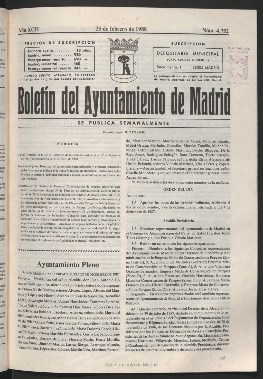 Miniatura de Boletín del Ayuntamiento de Madrid del 25 de febrero de 1988