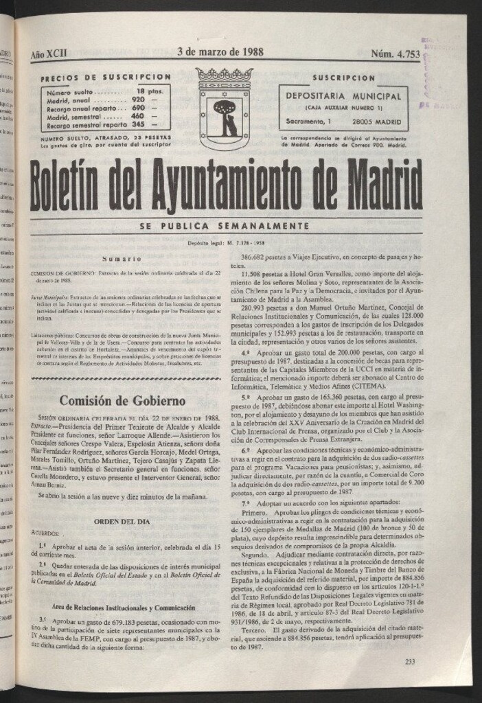 Miniatura de Boletín del Ayuntamiento de Madrid del 3 de marzo de 1988