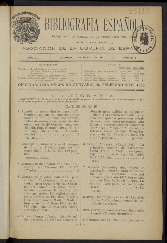 Miniatura de Bibliografía Española del 1 de enero de 1917