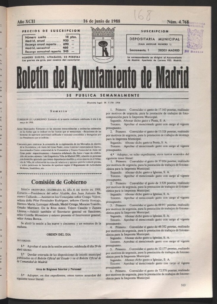 Miniatura de Boletín del Ayuntamiento de Madrid del 16 de junio de 1988