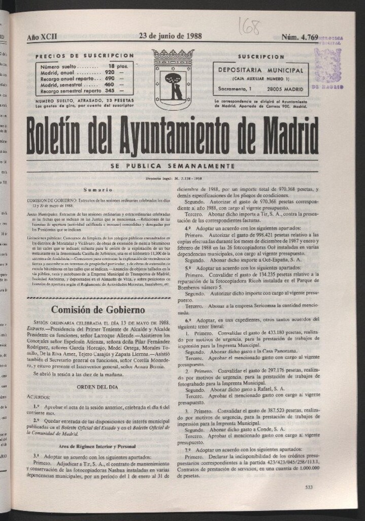 Miniatura de Boletín del Ayuntamiento de Madrid del 23 de junio de 1988