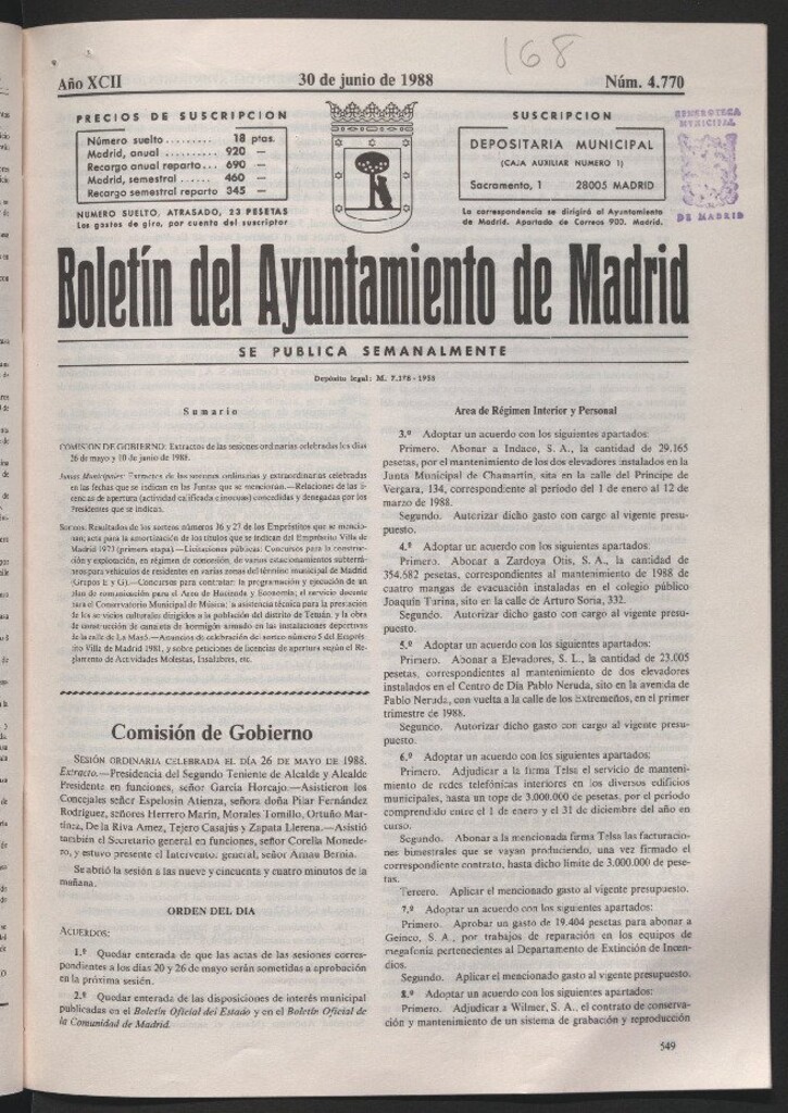Miniatura de Boletín del Ayuntamiento de Madrid del 30 de junio de 1988