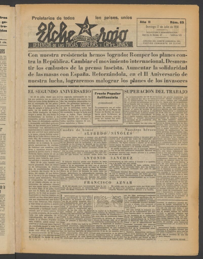 Miniatura de Elche rojo : semanario comunista : defensor de las masas obreras y campesinas : órgano del comité comarcal del Partido Comunista de Elche