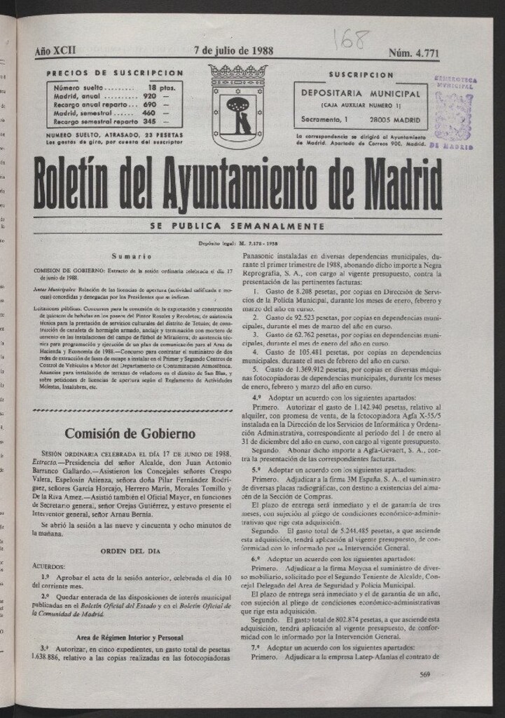 Miniatura de Boletín del Ayuntamiento de Madrid del 7 de julio de 1988