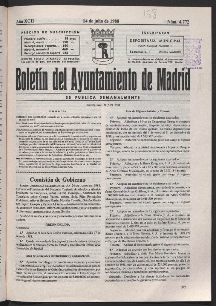Miniatura de Boletín del Ayuntamiento de Madrid del 14 de julio de 1988