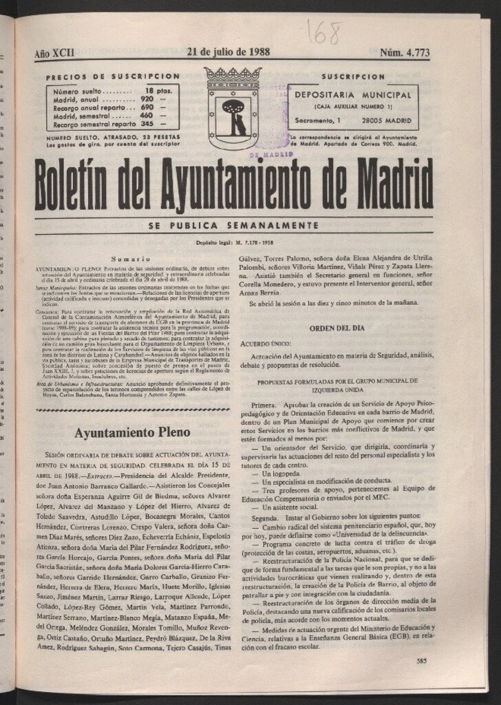 Miniatura de Boletín del Ayuntamiento de Madrid del 21 de julio de 1988