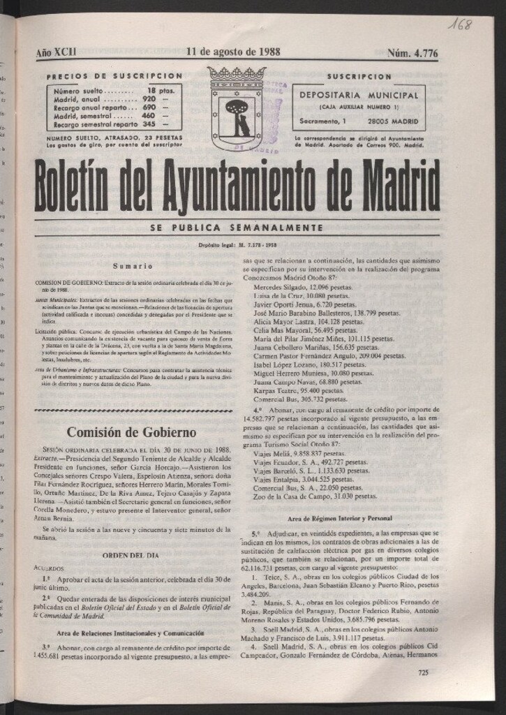 Miniatura de Boletín del Ayuntamiento de Madrid del 11 de agosto de 1988