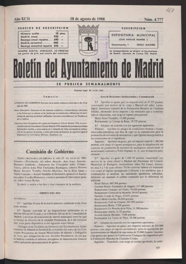 Miniatura de Boletín del Ayuntamiento de Madrid del 18 de agosto de 1988