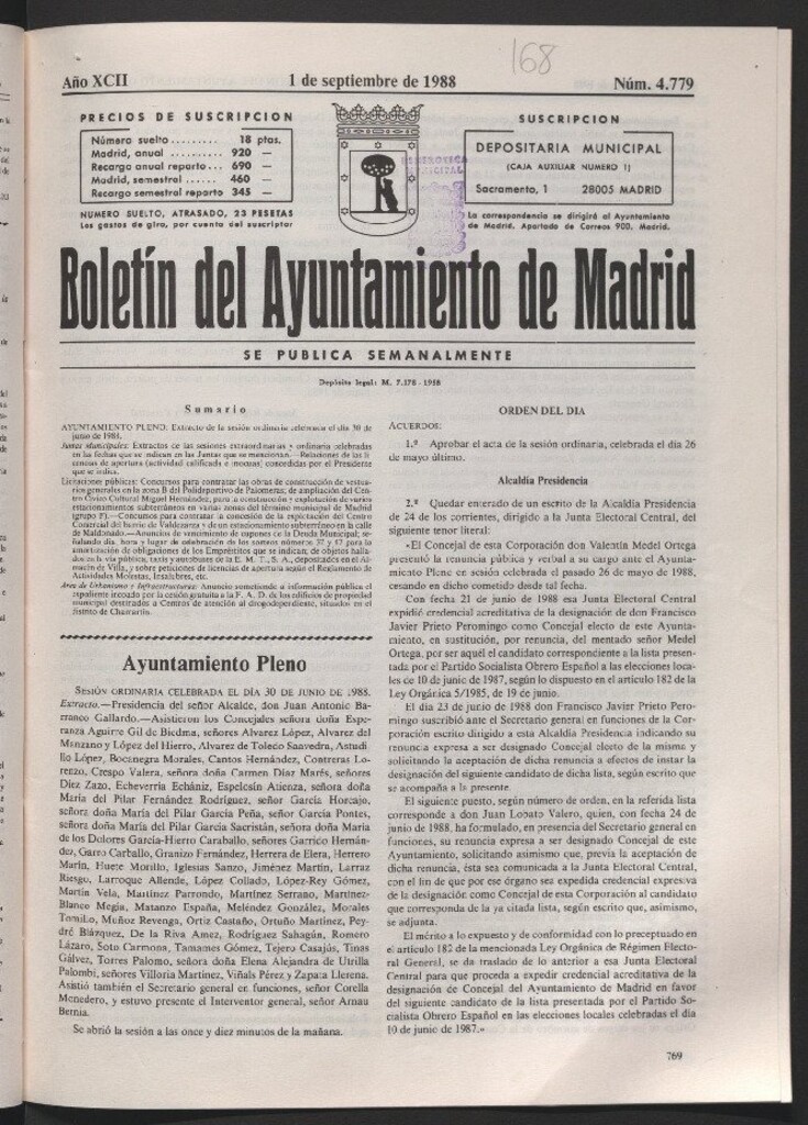 Miniatura de Boletín del Ayuntamiento de Madrid del 1 de septiembre de 1988