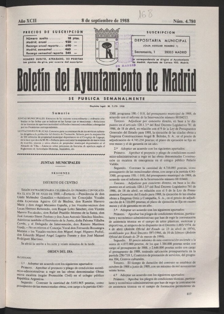 Miniatura de Boletín del Ayuntamiento de Madrid del 8 de septiembre de 1988