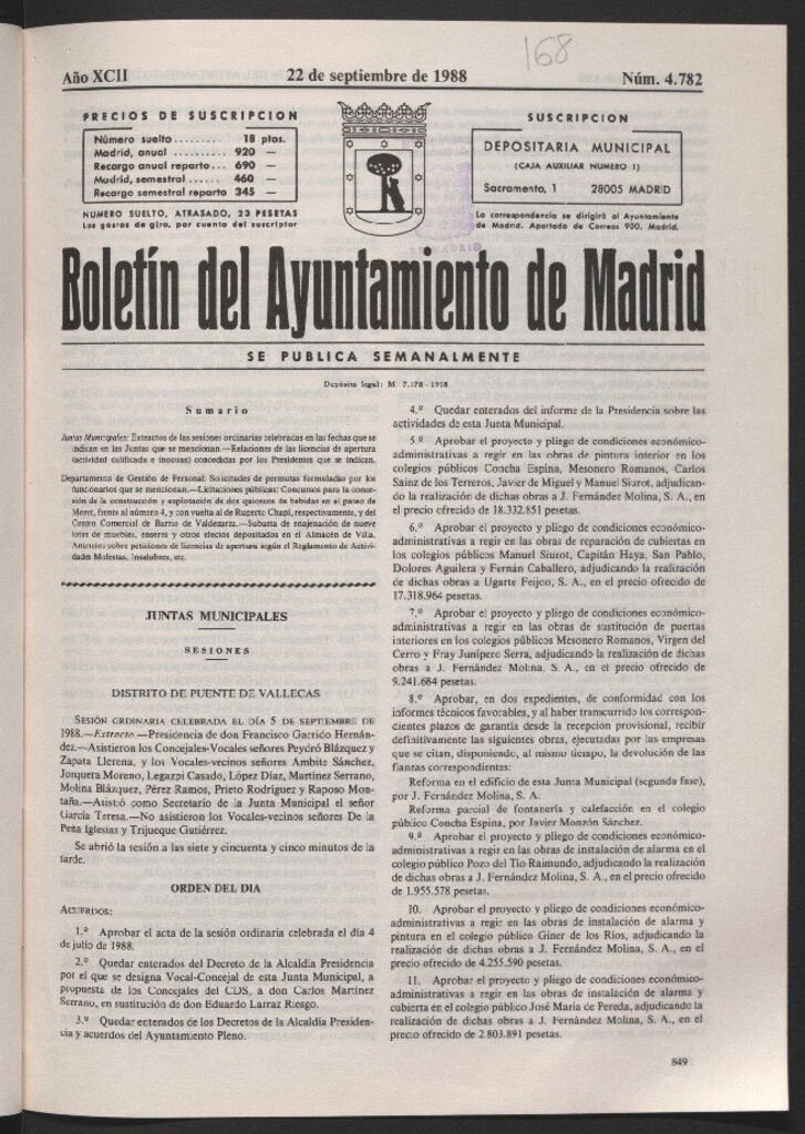 Miniatura de Boletín del Ayuntamiento de Madrid del 22 de septiembre de 1988