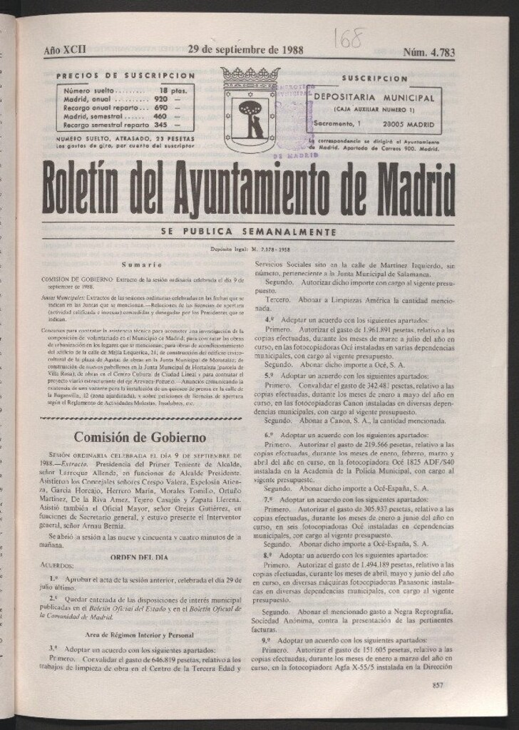 Miniatura de Boletín del Ayuntamiento de Madrid del 29 de septiembre de 1988