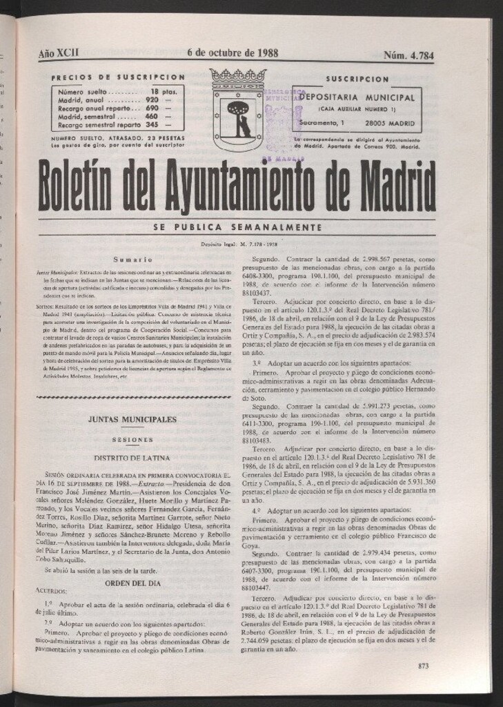 Miniatura de Boletín del Ayuntamiento de Madrid del 6 de octubre de 1988