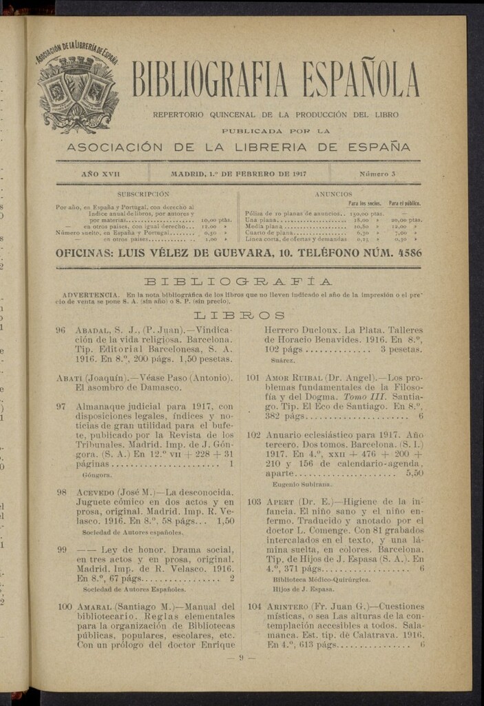 Miniatura de Bibliografía Española del 1 de febrero de 1917