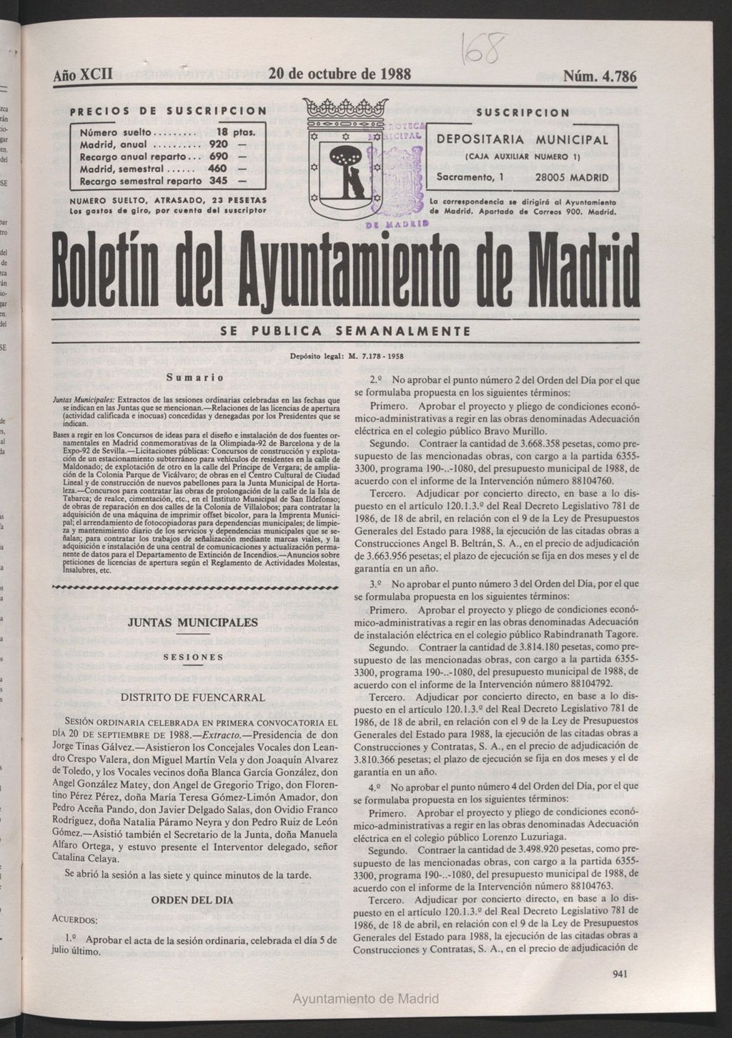 Miniatura de Boletín del Ayuntamiento de Madrid del 20 de octubre de 1988