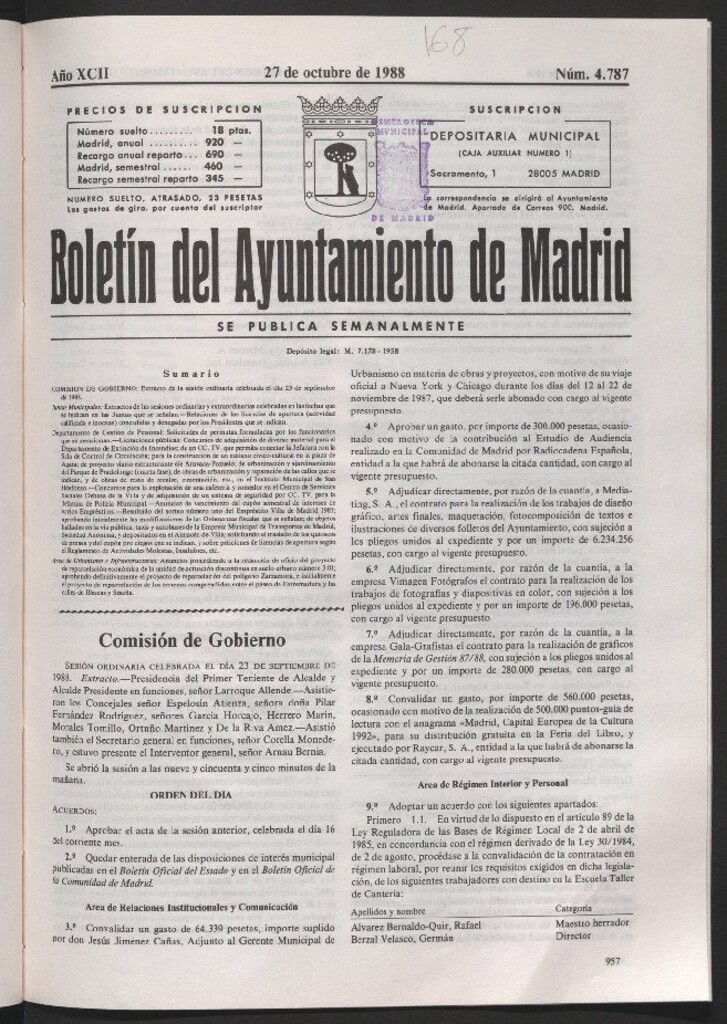 Miniatura de Boletín del Ayuntamiento de Madrid del 27 de octubre de 1988
