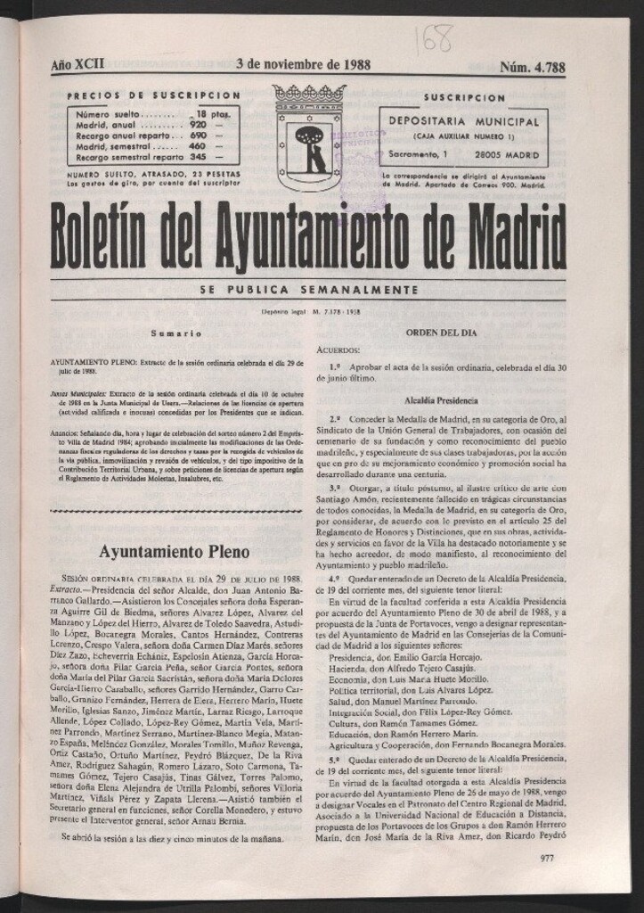 Miniatura de Boletín del Ayuntamiento de Madrid del 3 de noviembre de 1988