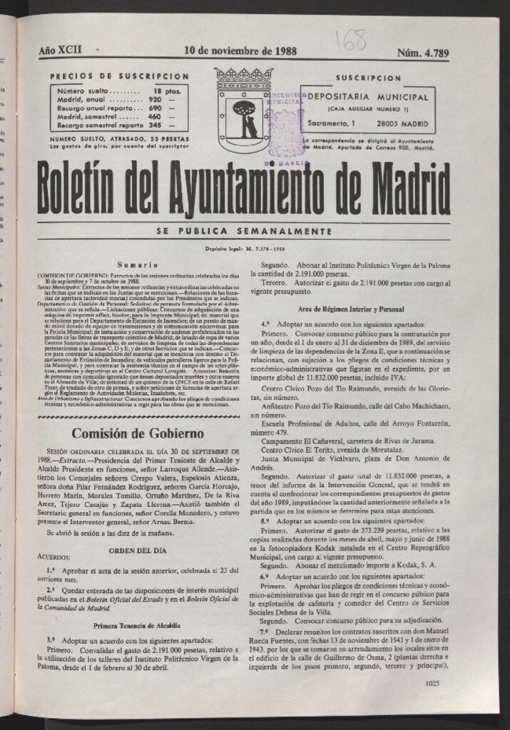 Miniatura de Boletín del Ayuntamiento de Madrid del 10 de noviembre de 1988