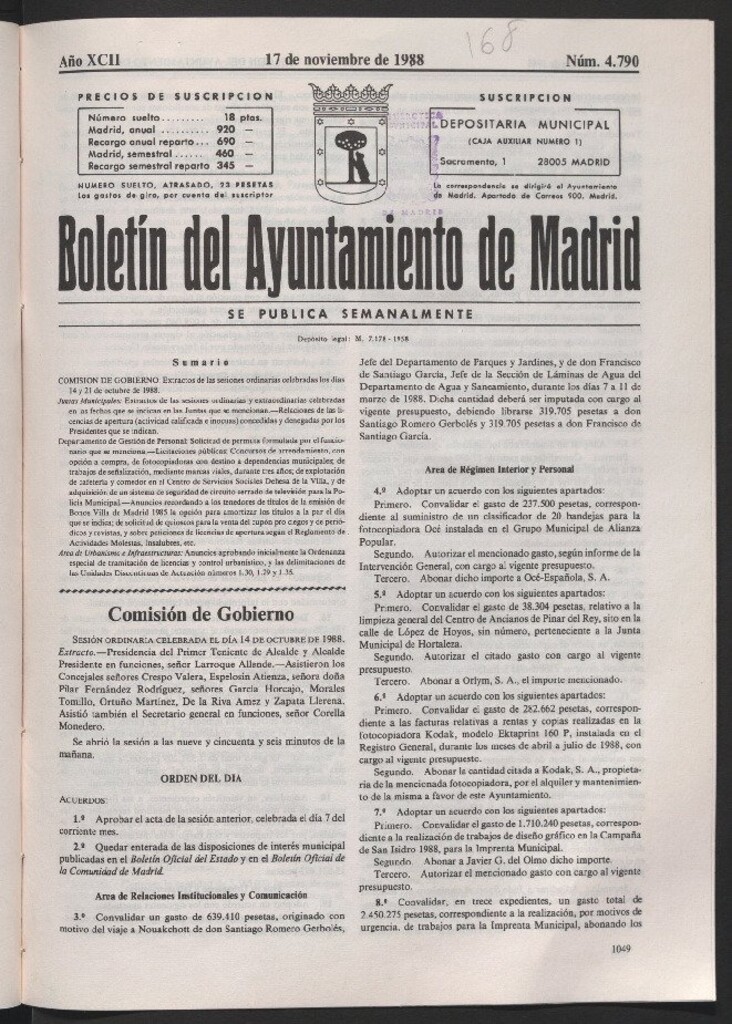 Miniatura de Boletín del Ayuntamiento de Madrid del 17 de noviembre de 1988
