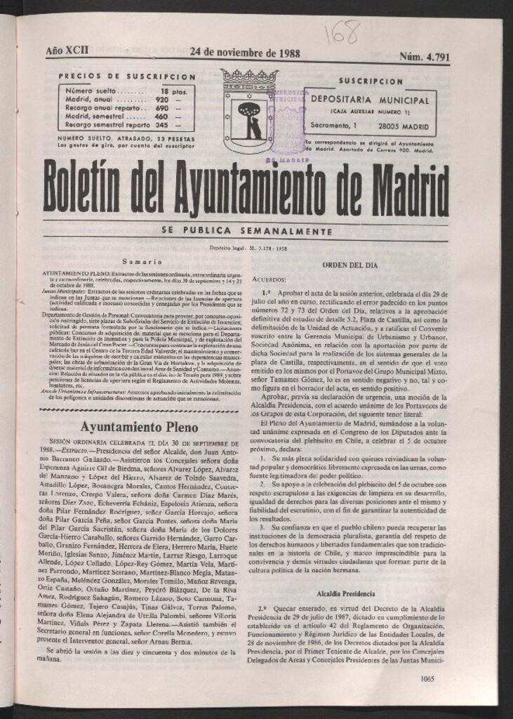 Miniatura de Boletín del Ayuntamiento de Madrid del 24 de noviembre de 1988