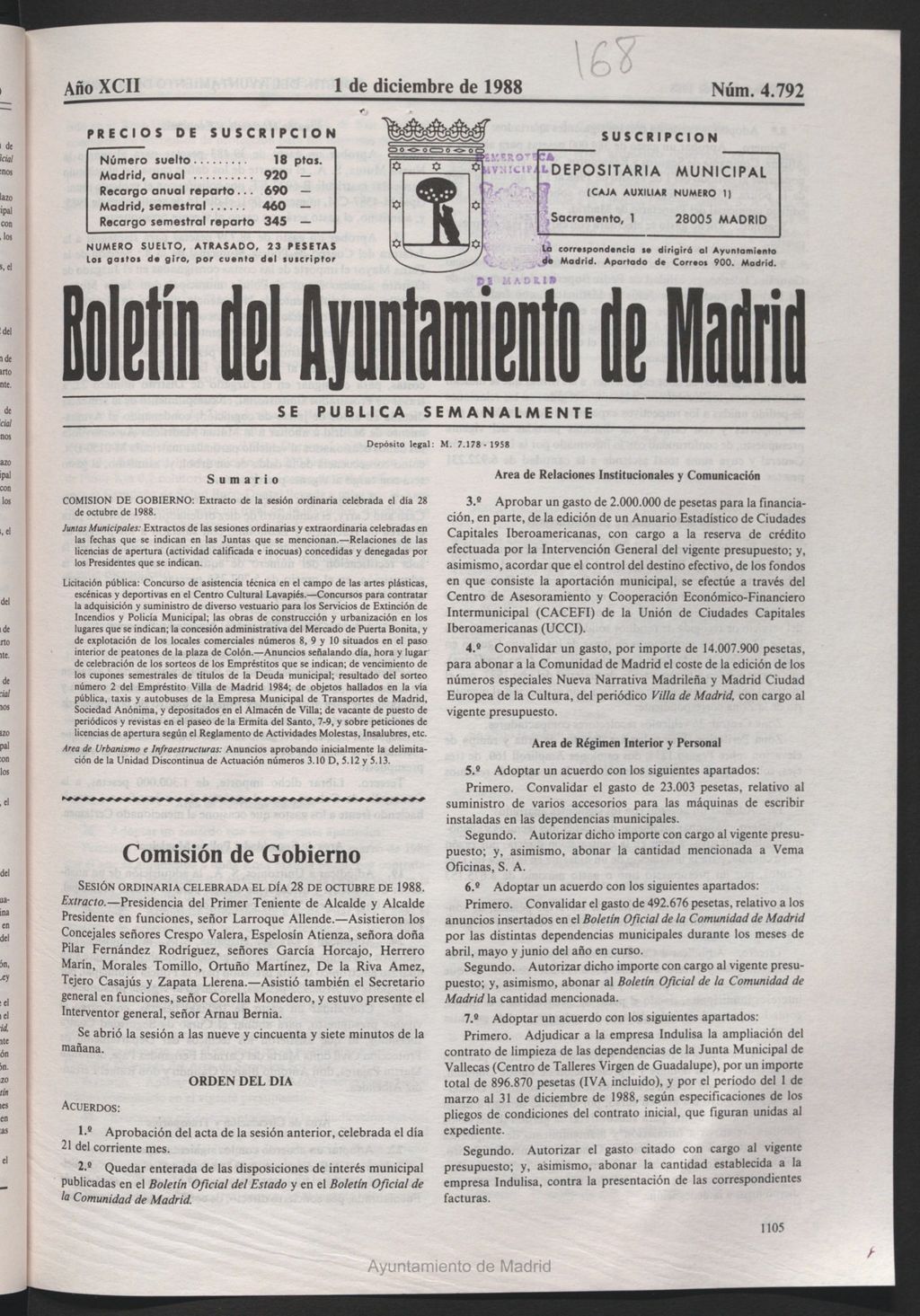 Miniatura de Boletín del Ayuntamiento de Madrid del 1 de diciembre de 1988