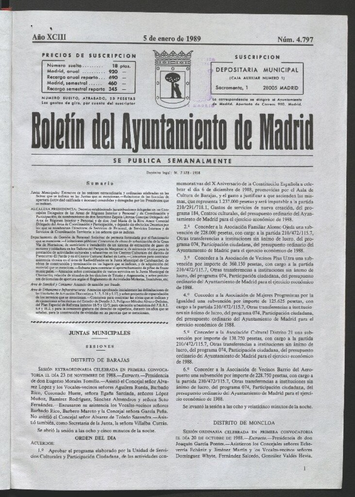 Miniatura de Boletín del Ayuntamiento de Madrid del 5 de enero de 1989
