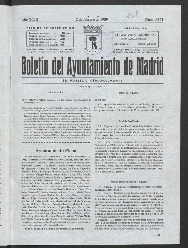 Miniatura de Boletín del Ayuntamiento de Madrid del 2 de febrero de 1989