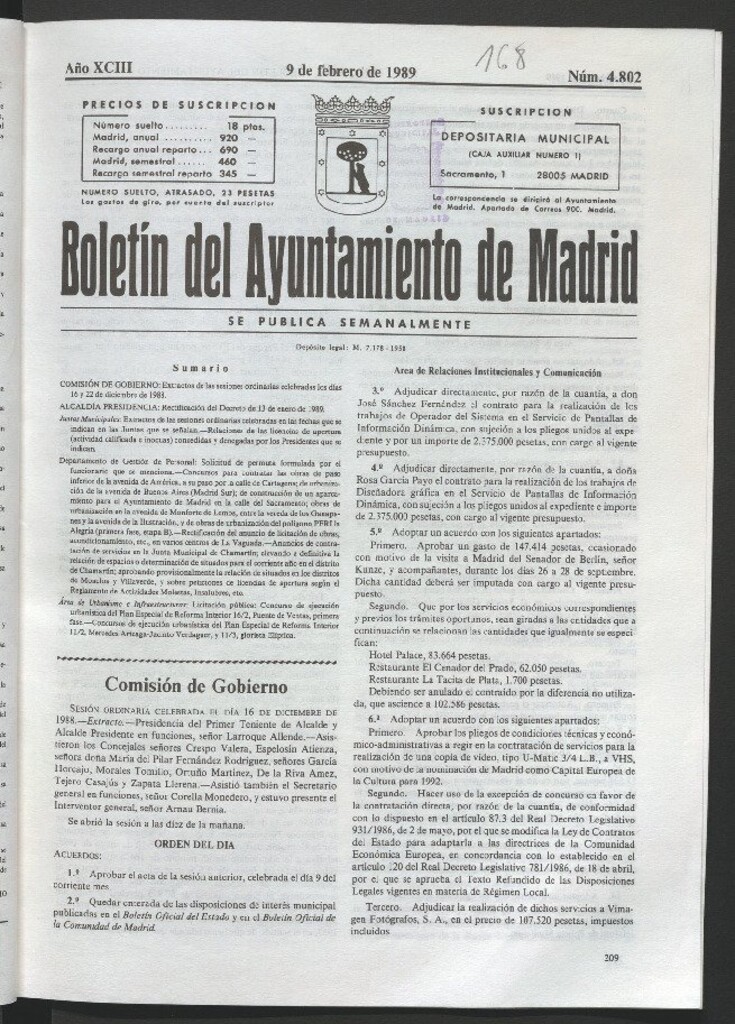 Miniatura de Boletín del Ayuntamiento de Madrid del 9 de febrero de 1989