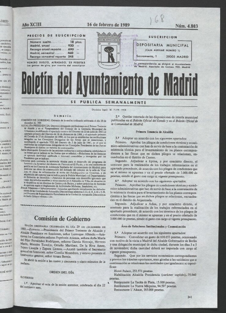 Miniatura de Boletín del Ayuntamiento de Madrid del 16 de febrero de 1989