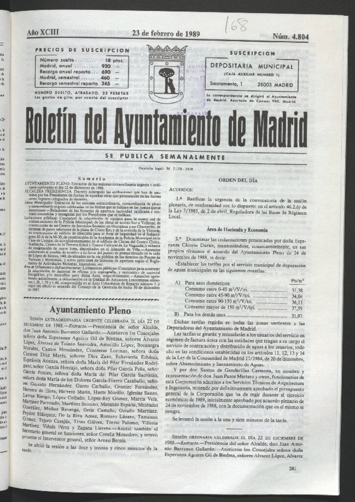 Miniatura de Boletín del Ayuntamiento de Madrid del 23 de febrero de 1989