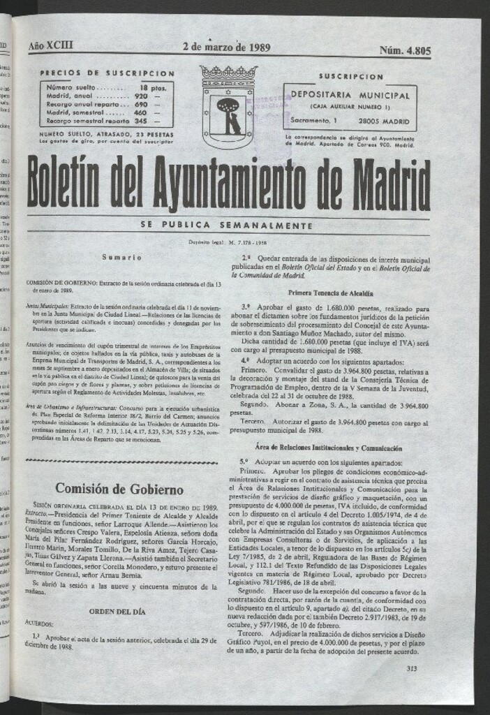 Miniatura de Boletín del Ayuntamiento de Madrid del 2 de marzo de 1989