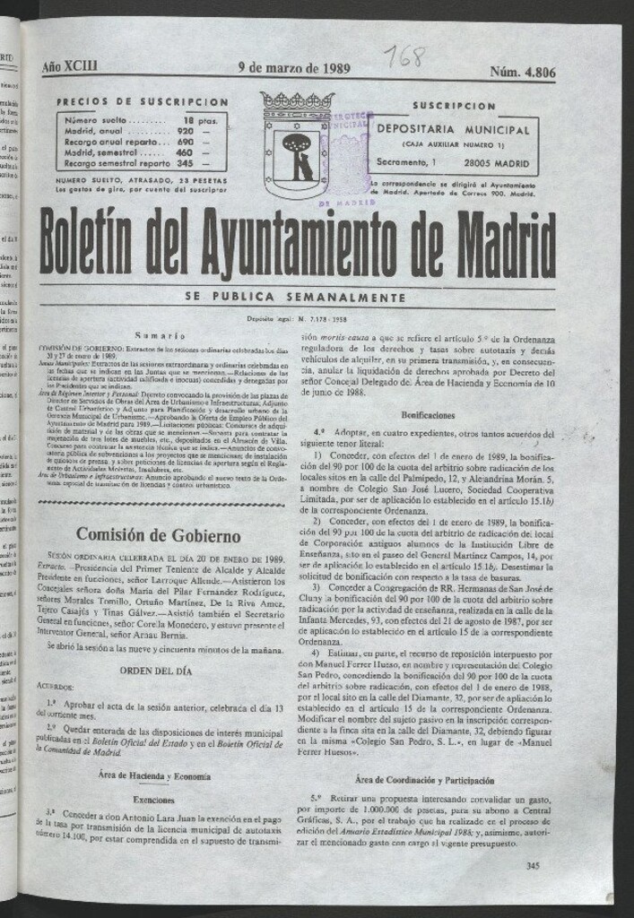 Miniatura de Boletín del Ayuntamiento de Madrid del 9 de marzo de 1989