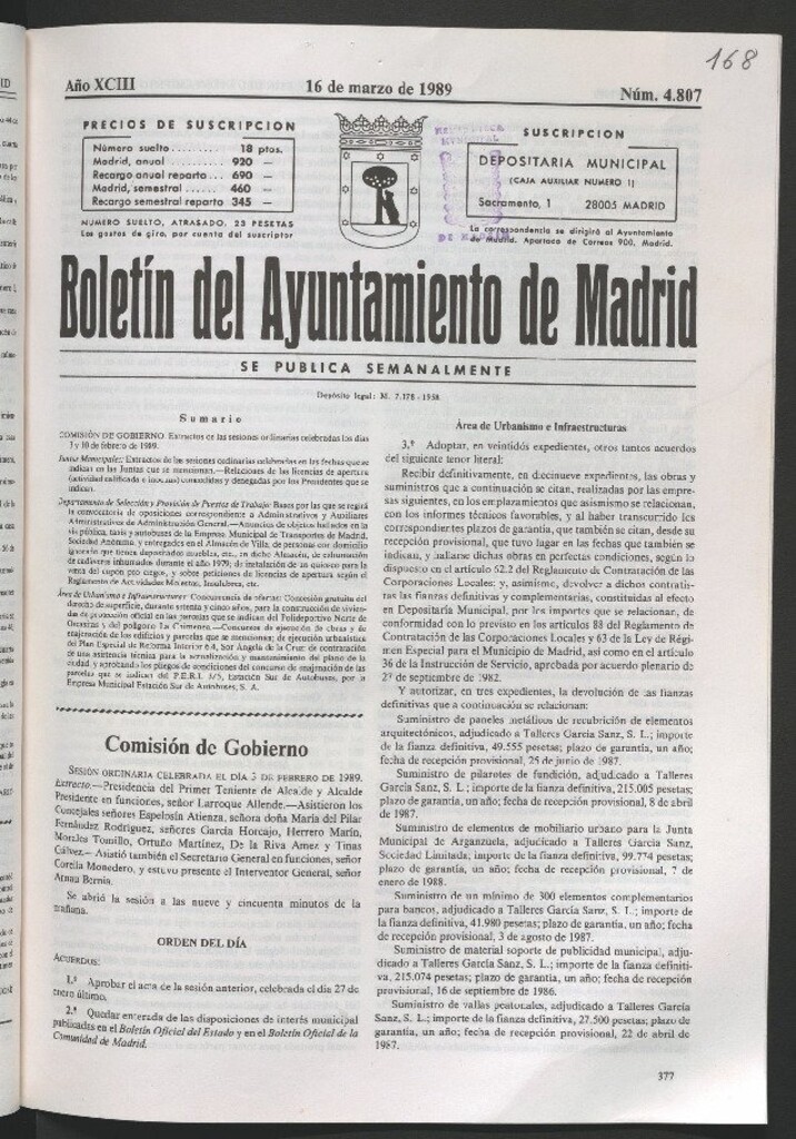Miniatura de Boletín del Ayuntamiento de Madrid del 16 de marzo de 1989