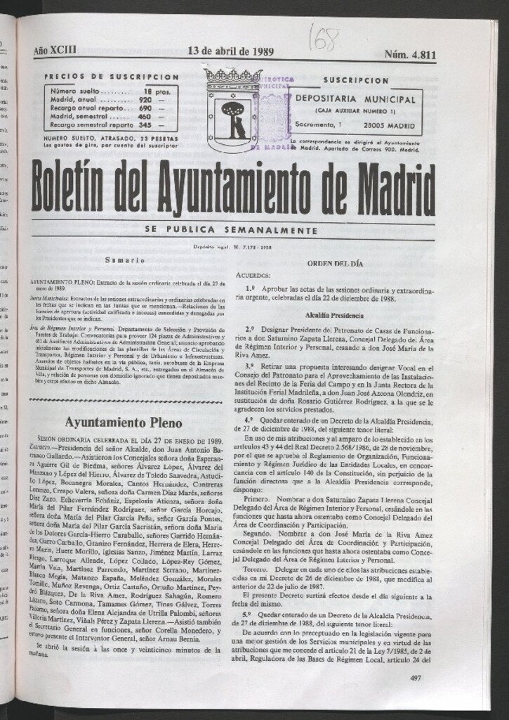 Miniatura de Boletín del Ayuntamiento de Madrid del 13 de abril de 1989