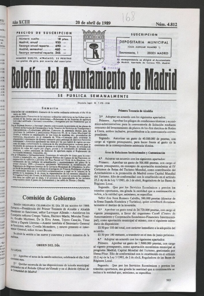 Miniatura de Boletín del Ayuntamiento de Madrid del 20 de abril de 1989