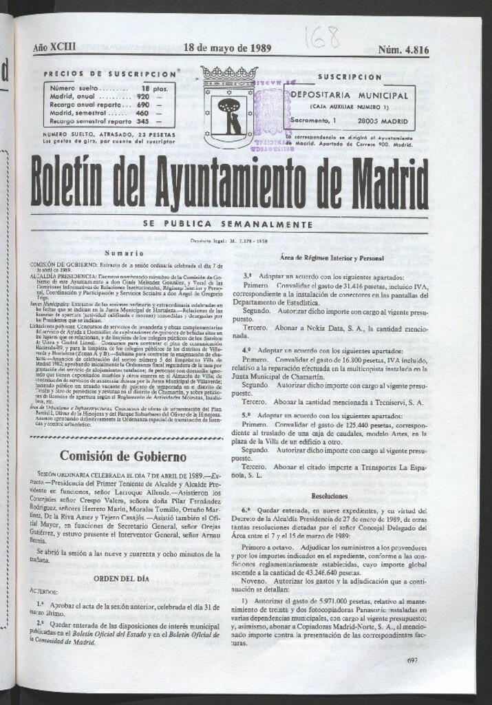 Miniatura de Boletín del Ayuntamiento de Madrid del 18 de mayo de 1989