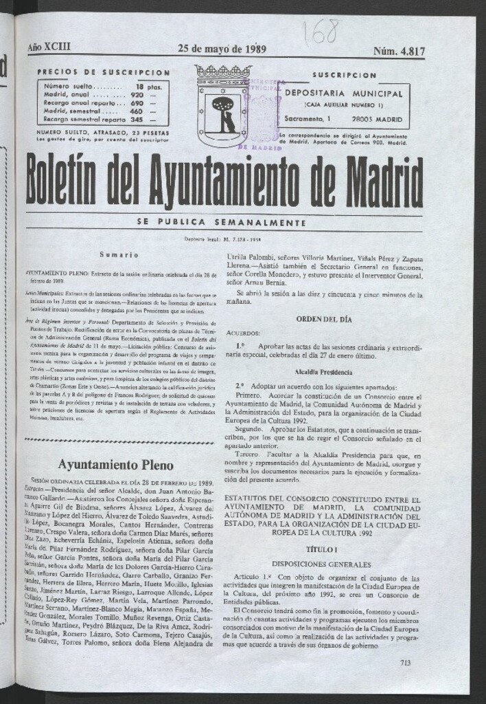 Miniatura de Boletín del Ayuntamiento de Madrid del 25 de mayo de 1989