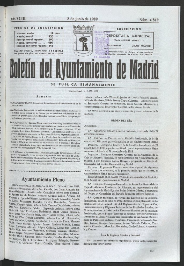 Miniatura de Boletín del Ayuntamiento de Madrid del 8 de junio de 1989