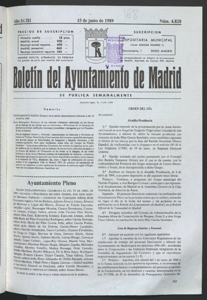 Miniatura de Boletín del Ayuntamiento de Madrid del 15 de junio de 1989