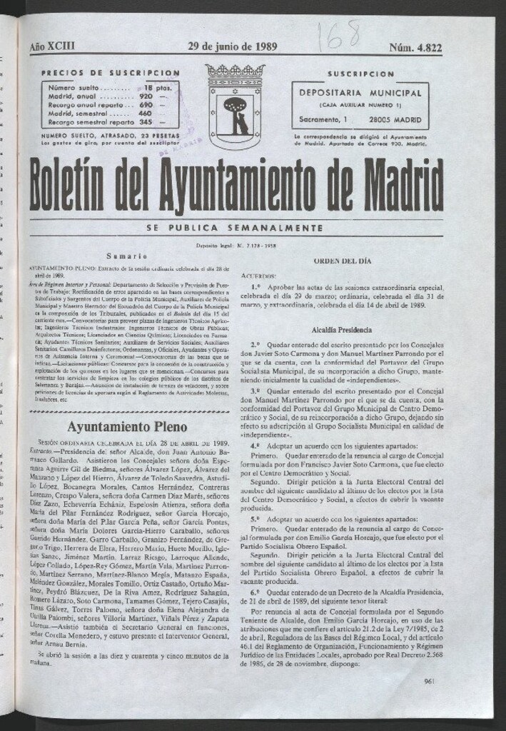 Miniatura de Boletín del Ayuntamiento de Madrid del 29 de junio de 1989