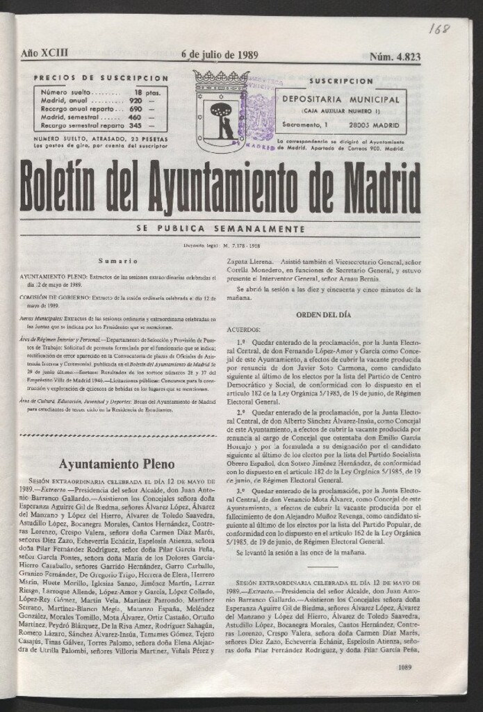 Miniatura de Boletín del Ayuntamiento de Madrid del 6 de julio de 1989