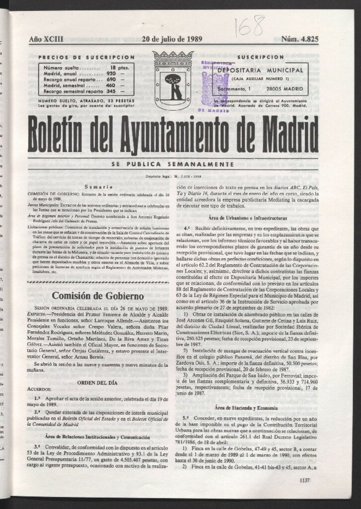 Miniatura de Boletín del Ayuntamiento de Madrid del 20 de julio de 1989