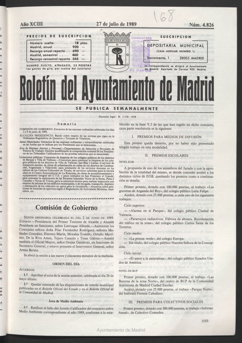 Miniatura de Boletín del Ayuntamiento de Madrid del 27 de julio de 1989