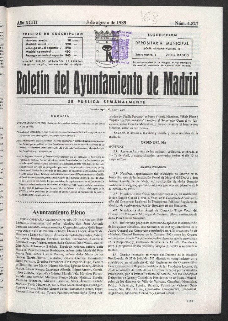Miniatura de Boletín del Ayuntamiento de Madrid del 3 de agosto de 1989