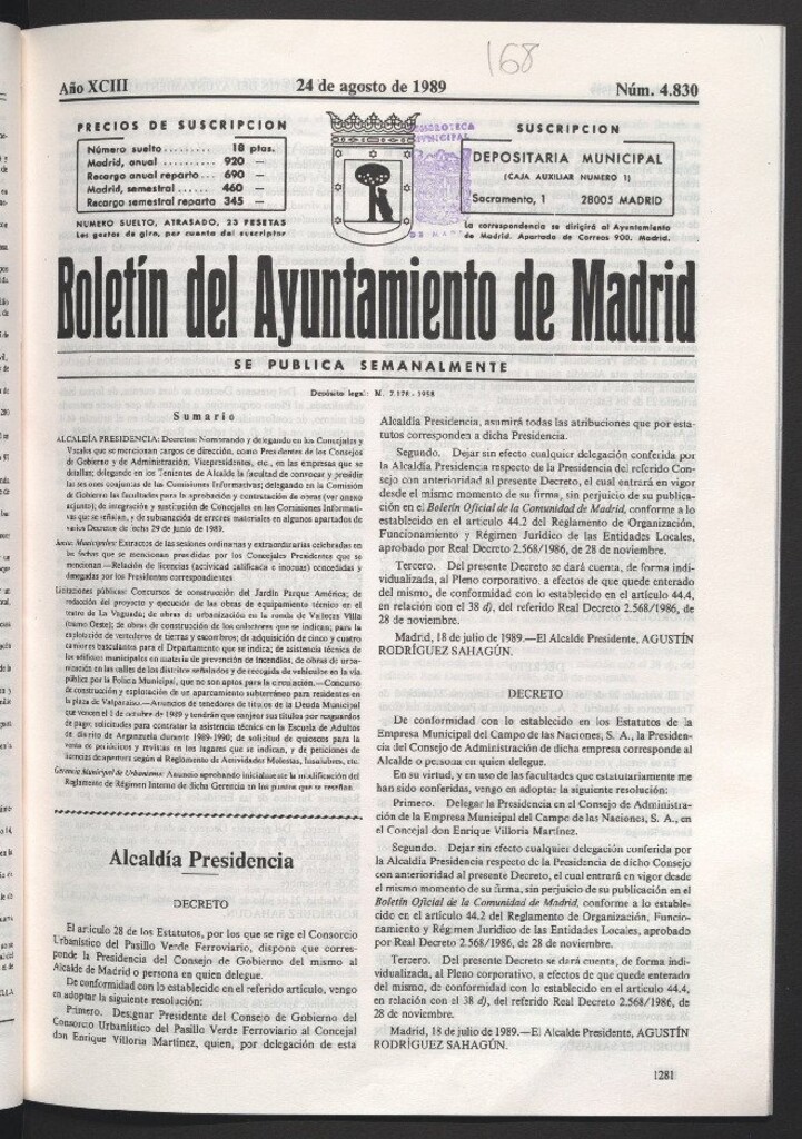 Miniatura de Boletín del Ayuntamiento de Madrid del 24 de agosto de 1989