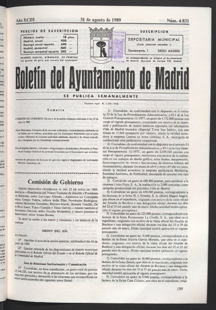 Miniatura de Boletín del Ayuntamiento de Madrid del 31 de agosto de 1989