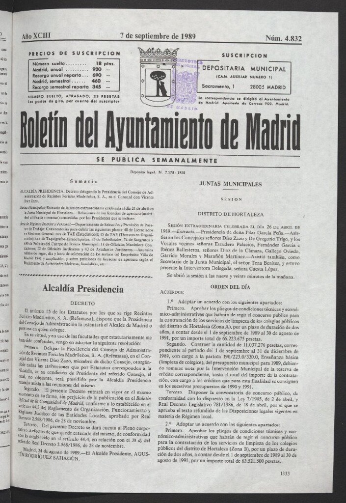 Miniatura de Boletín del Ayuntamiento de Madrid del 7 de septiembre de 1989